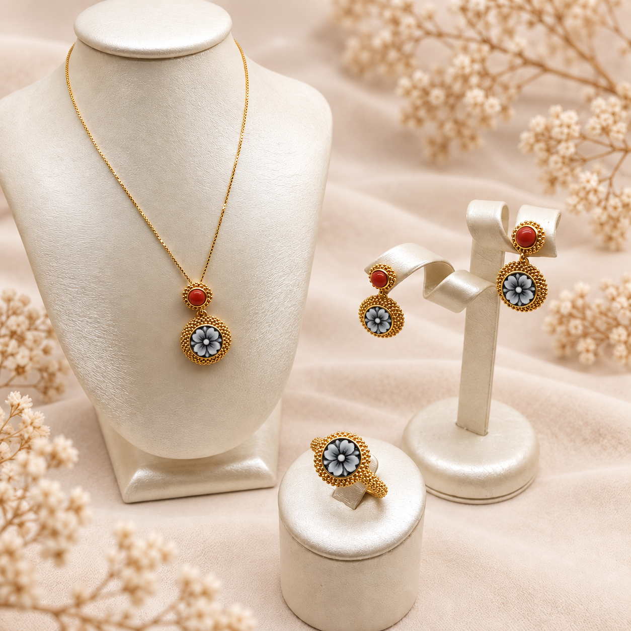 Set Gioielli Composto da Collana con Ciondolo, Anello e Orecchini Corallo e Cammei Quadrifoglio in Argento 925 Placcato in Oro Giallo