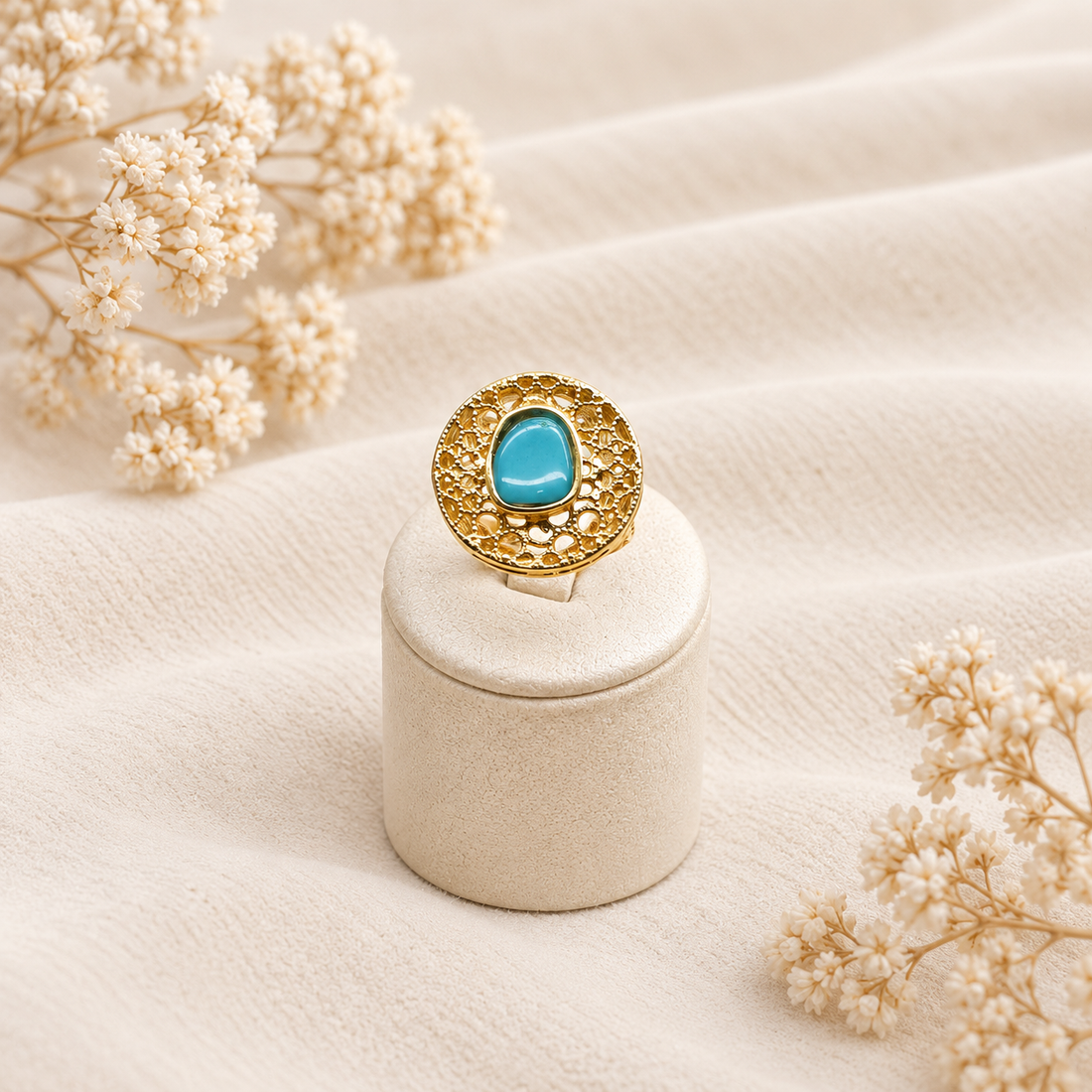 Anello Turchese Naturale Design Traforato in Argento 925 Placcato Oro Giallo Regolabile