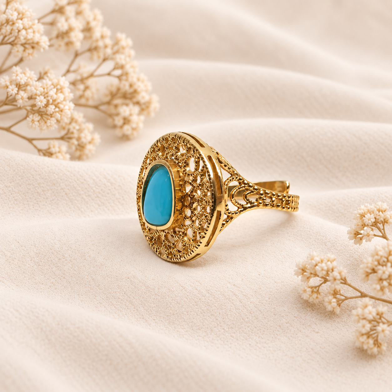 Anello Turchese Naturale Design Traforato in Argento 925 Placcato Oro Giallo Regolabile