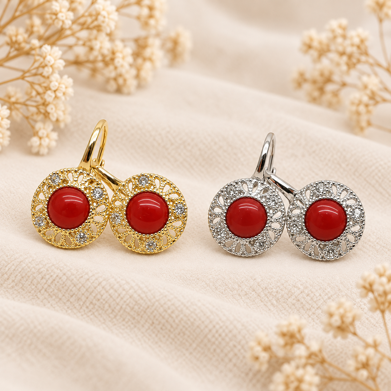 Orecchini Modello Etrusco con Corallo Rosso Naturale e Zirconi in Argento 925 – Disponibili in 2 Finiture