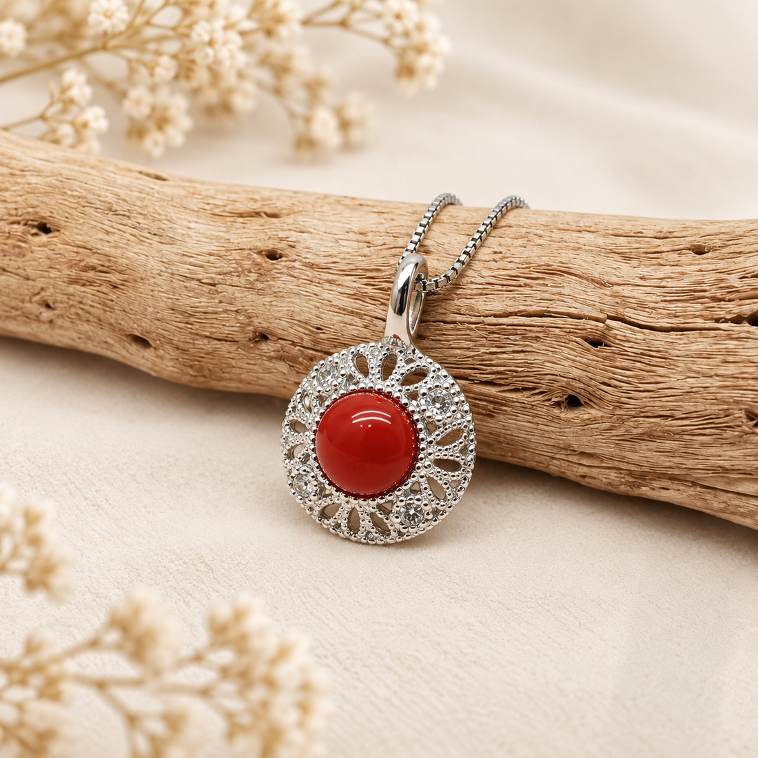 Collana con Ciondolo Modello Etrusco con Cabochon Centrale da 6 mm di Corallo Rosso Naturale e Zirconi in Argento 925 da Donna – Disponibile in 2 Finiture
