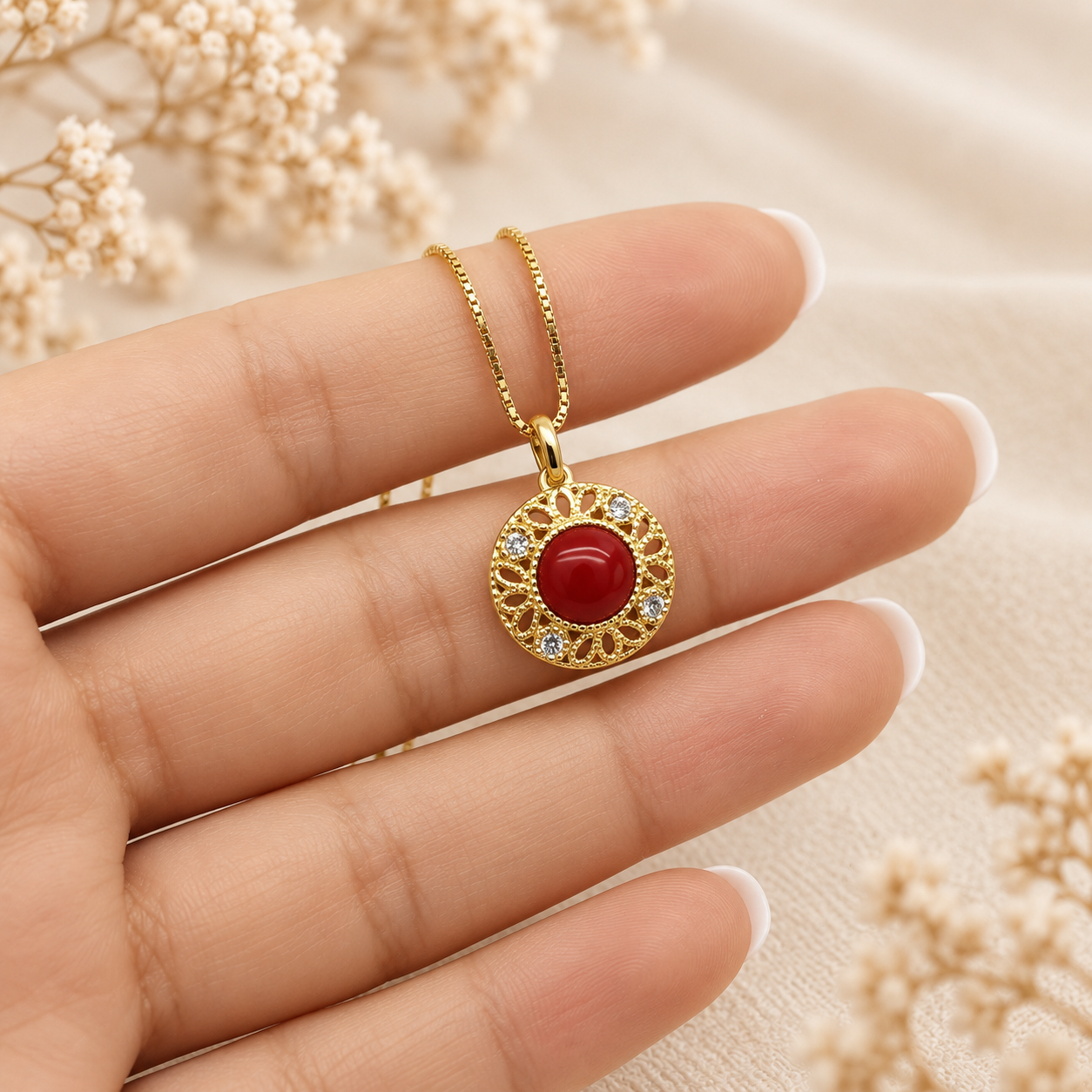 Collana con Ciondolo Modello Etrusco con Cabochon Centrale da 6 mm di Corallo Rosso Naturale e Zirconi in Argento 925 da Donna – Disponibile in 2 Finiture
