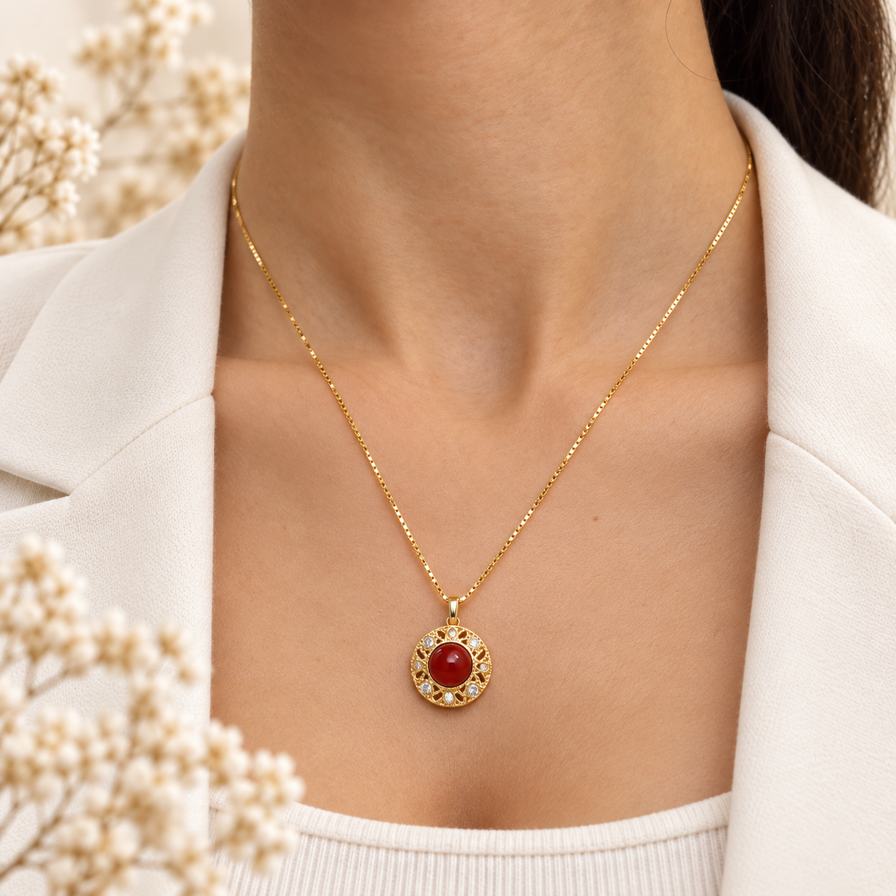 Collana con Ciondolo Modello Etrusco con Cabochon Centrale da 6 mm di Corallo Rosso Naturale e Zirconi in Argento 925 da Donna – Disponibile in 2 Finiture