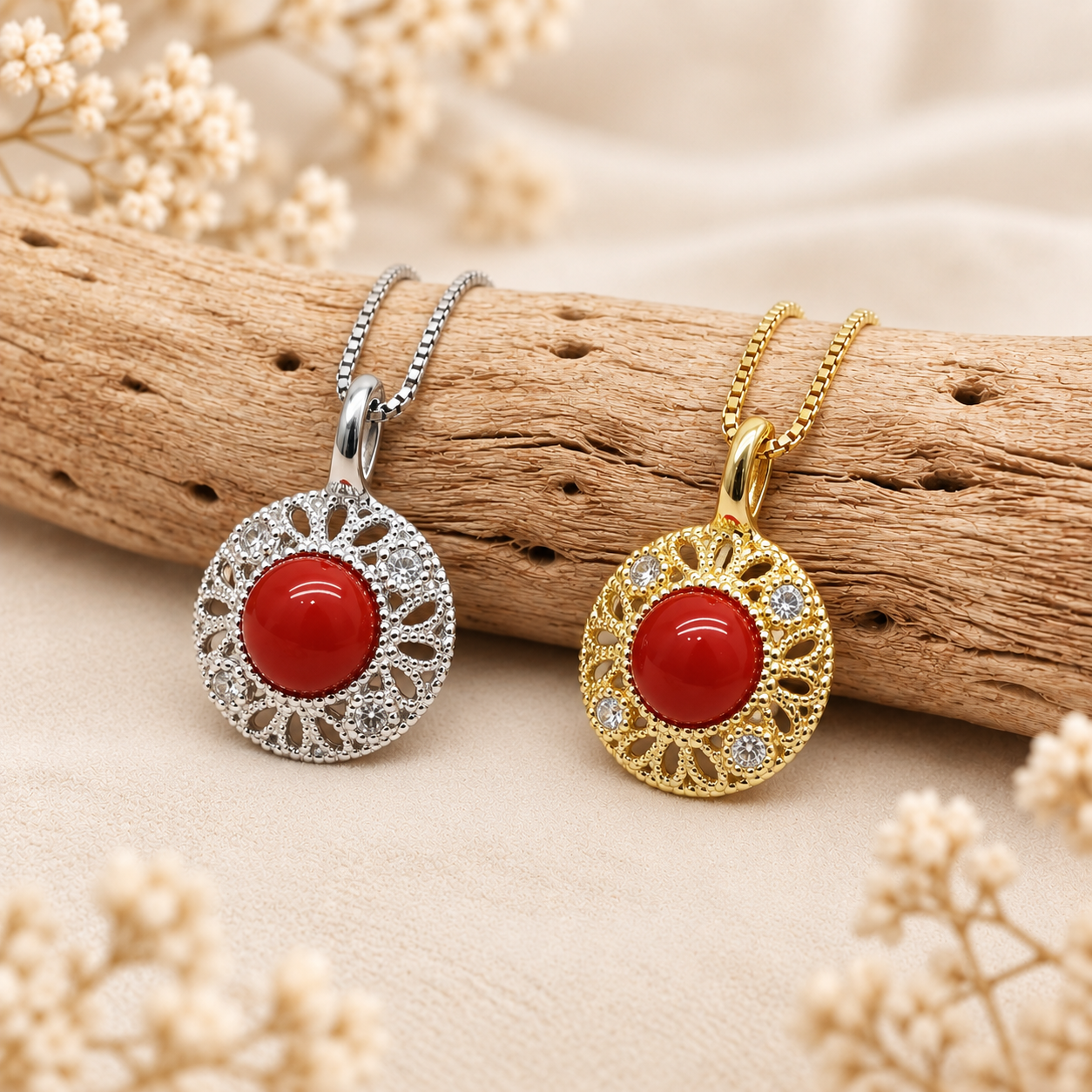 Collana con Ciondolo Modello Etrusco con Cabochon Centrale da 6 mm di Corallo Rosso Naturale e Zirconi in Argento 925 da Donna – Disponibile in 2 Finiture