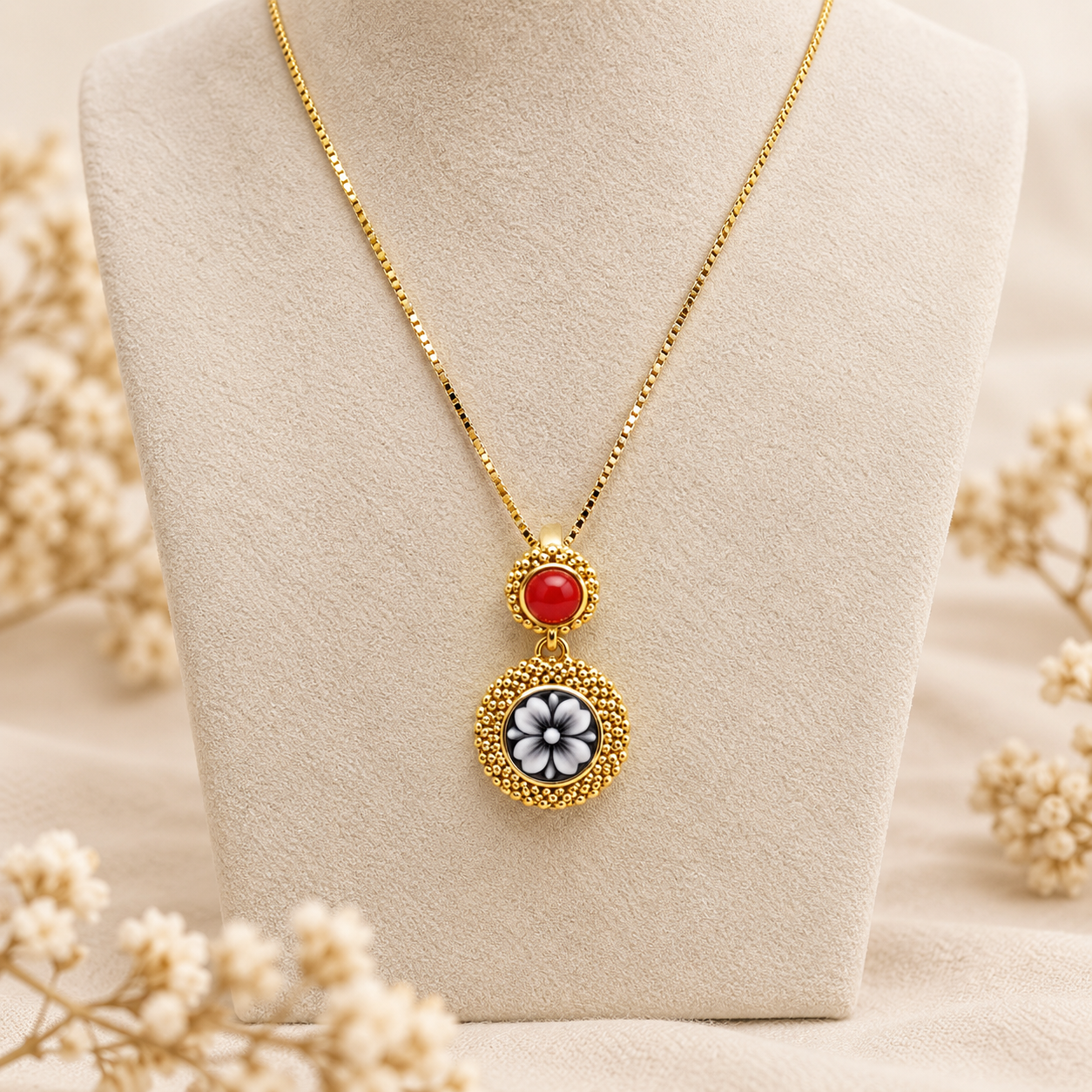 Set Gioielli Composto da Collana con Ciondolo, Anello e Orecchini Corallo e Cammei Quadrifoglio in Argento 925 Placcato in Oro Giallo