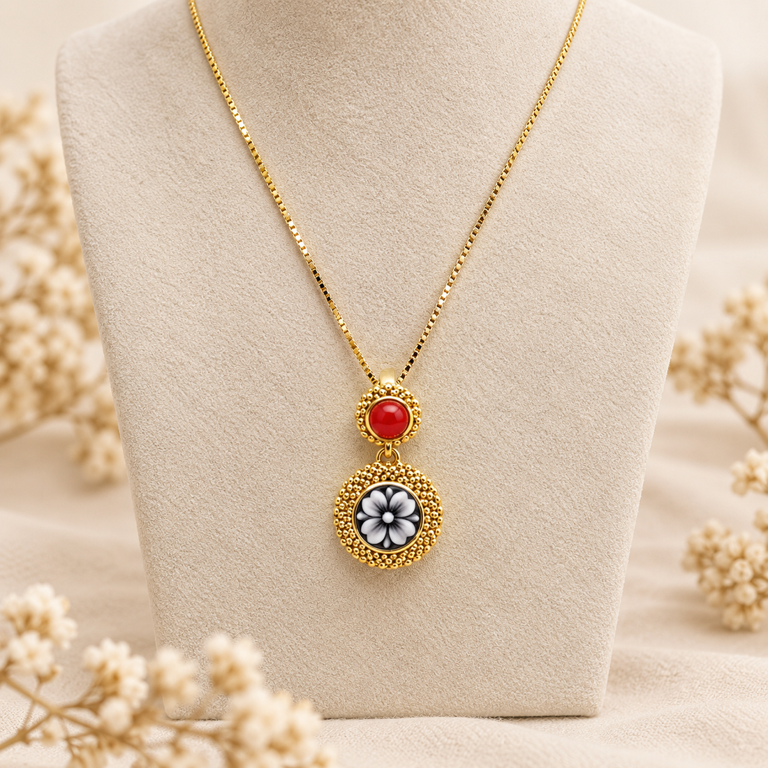 Set Gioielli Composto da Collana con Ciondolo, Anello e Orecchini Corallo e Cammei Quadrifoglio in Argento 925 Placcato in Oro Giallo