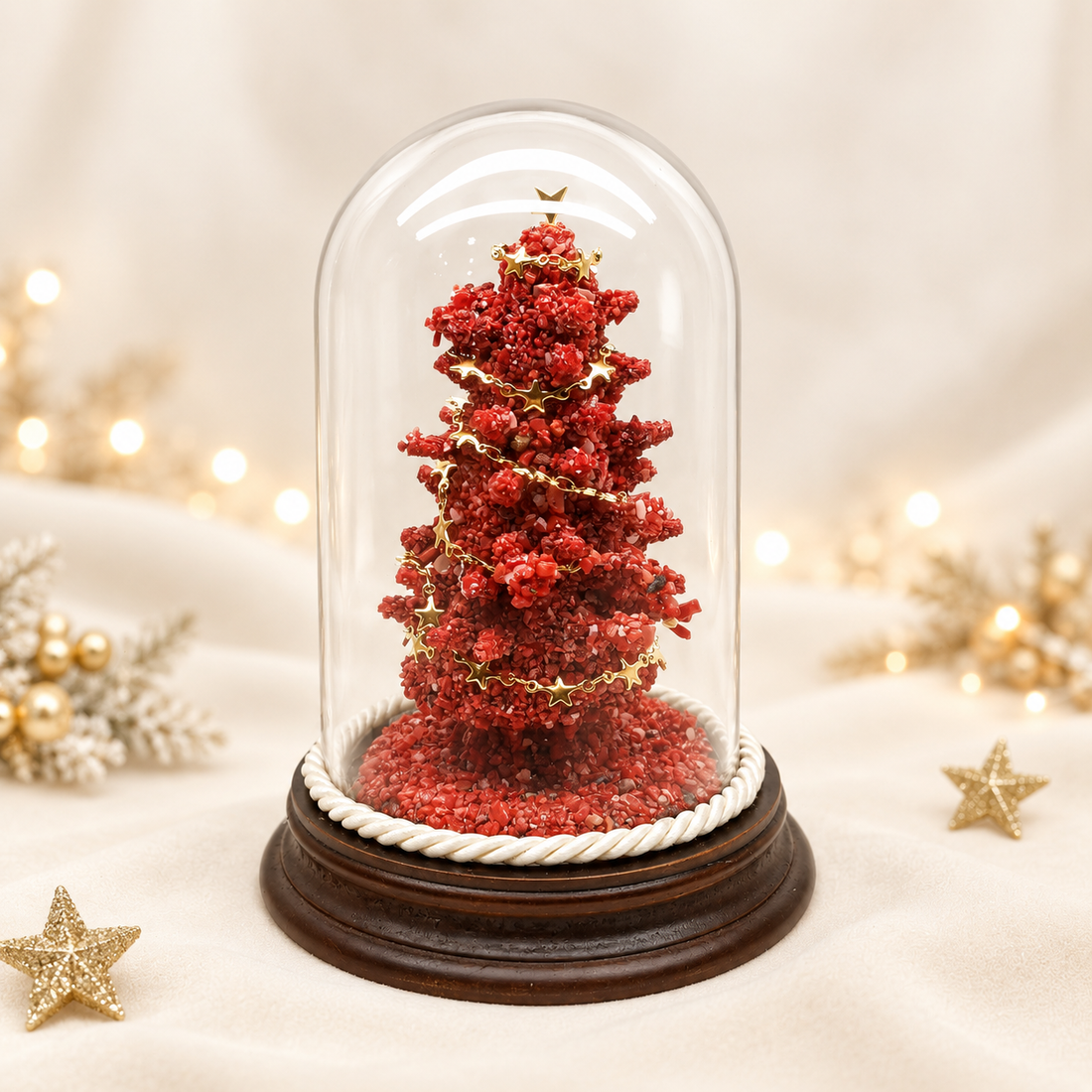 - Albero di Natale in corallo rosso naturale del Mediterraneo sotto cupola in vetro, lavorazione artigianale di Torre del Greco