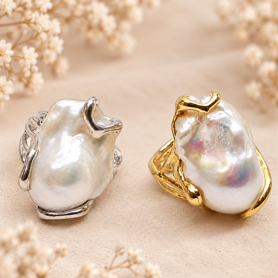 Anelli con perle barocche naturali d’acqua dolce in Argento 925 nelle varianti placcata oro e rodiata.
