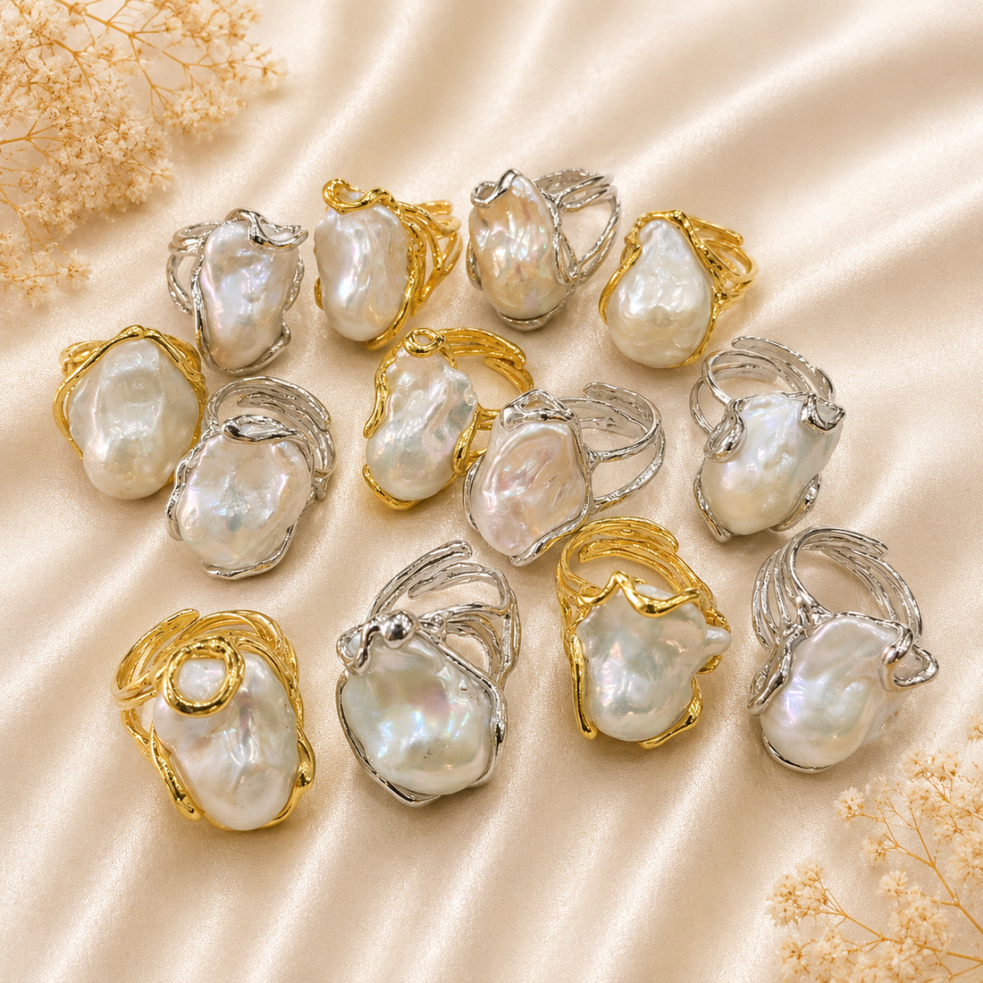 Collezione di anelli regolabili in Argento 925 con Perla Barocca Naturale d'Acqua Dolce disponibili in due finiture