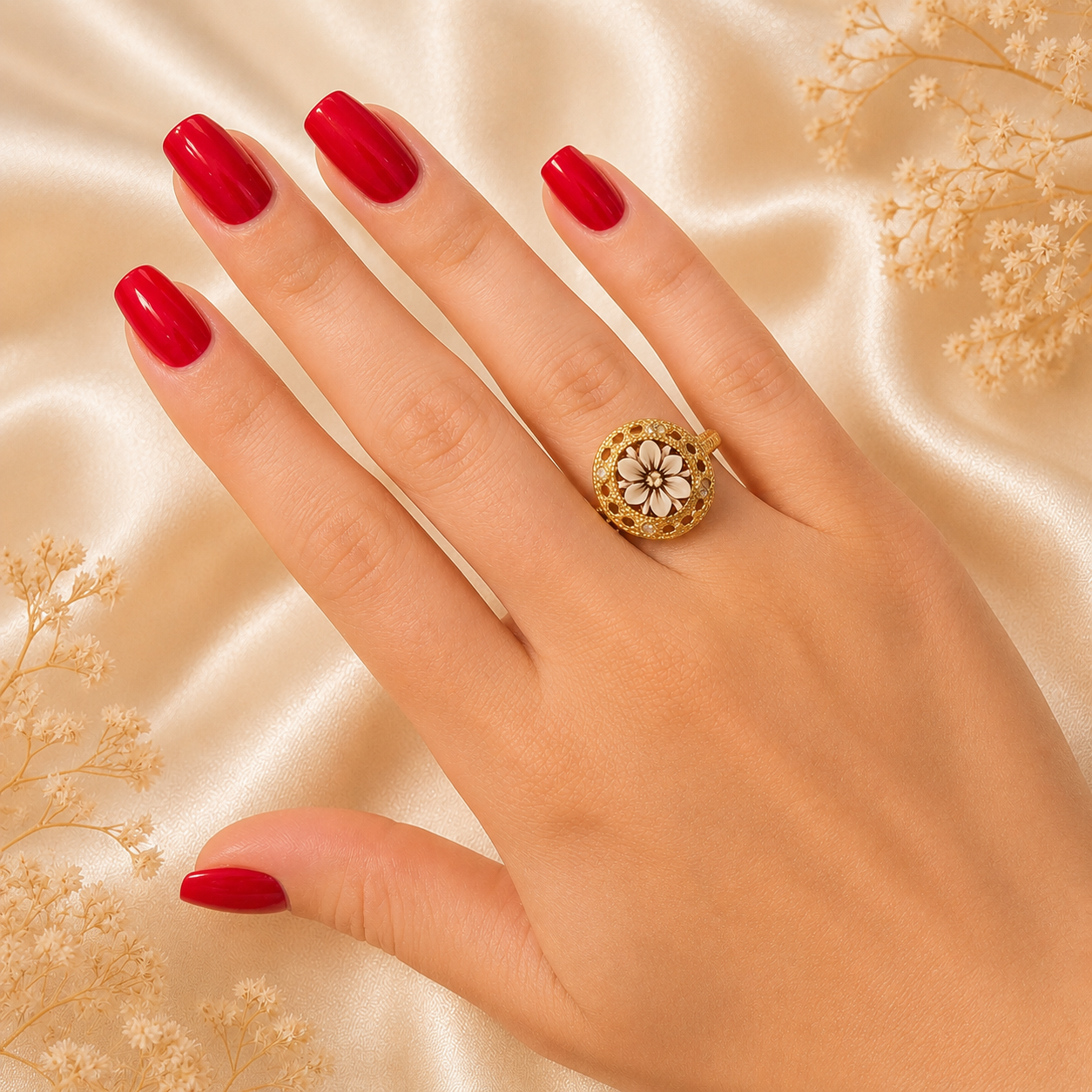 Anello Capri con cammeo floreale a 6 petali indossato, realizzato in Argento 925 placcato oro con montatura traforata.
