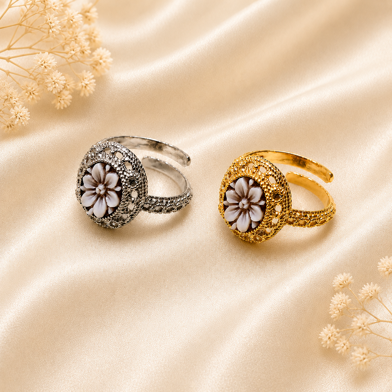 Anello Capri con cammeo fiore a 6 petali nelle due finiture Argento 925 rodiato e placcato oro, lavorazione artigianale italiana.