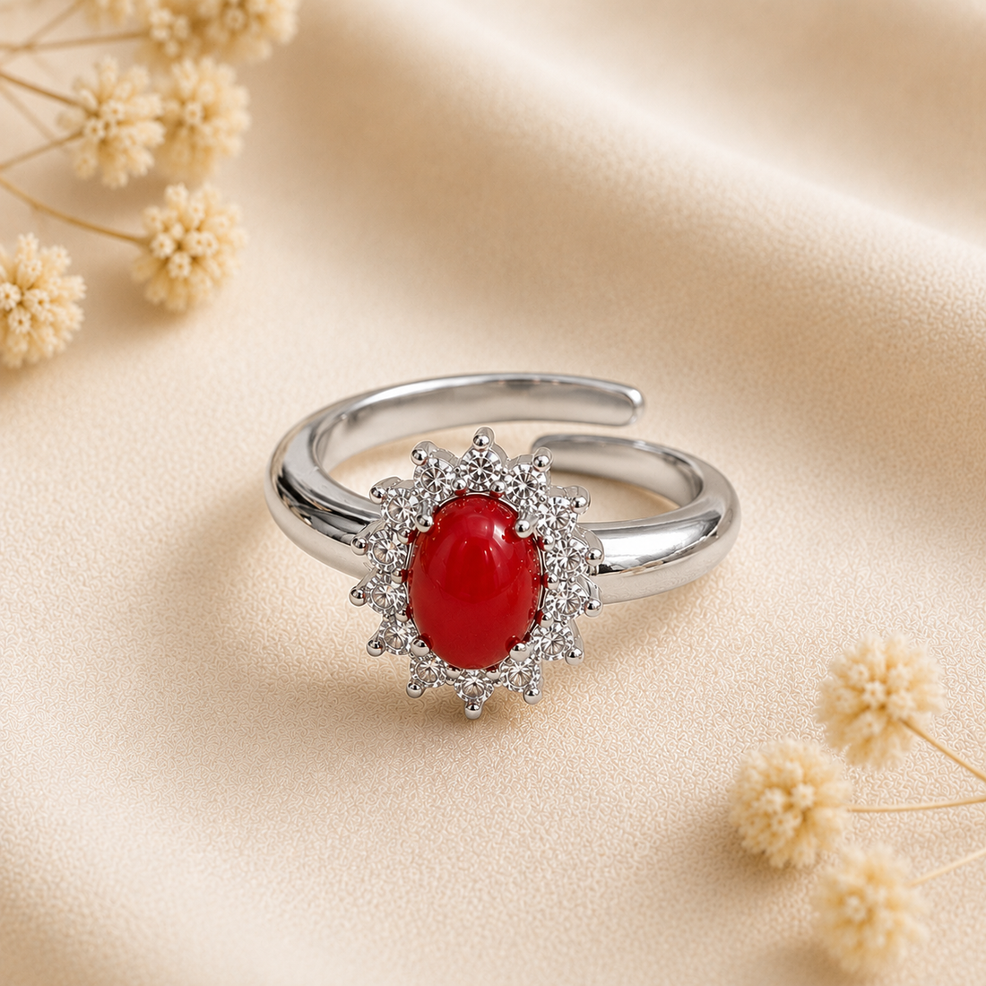 Anello regolabile in Argento 925 rodiato con cabochon ovale di Corallo Rosso Naturale del Mediterraneo e zirconi bianchi
