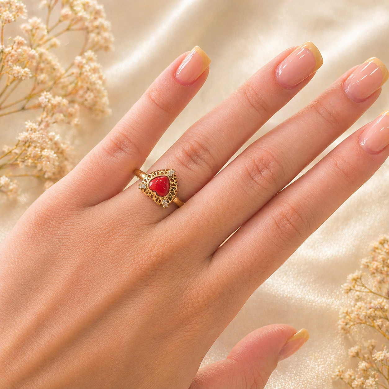 Anello con cuore in corallo rosso naturale del Mediterraneo, Argento 925 regolabile con zirconi bianchi.