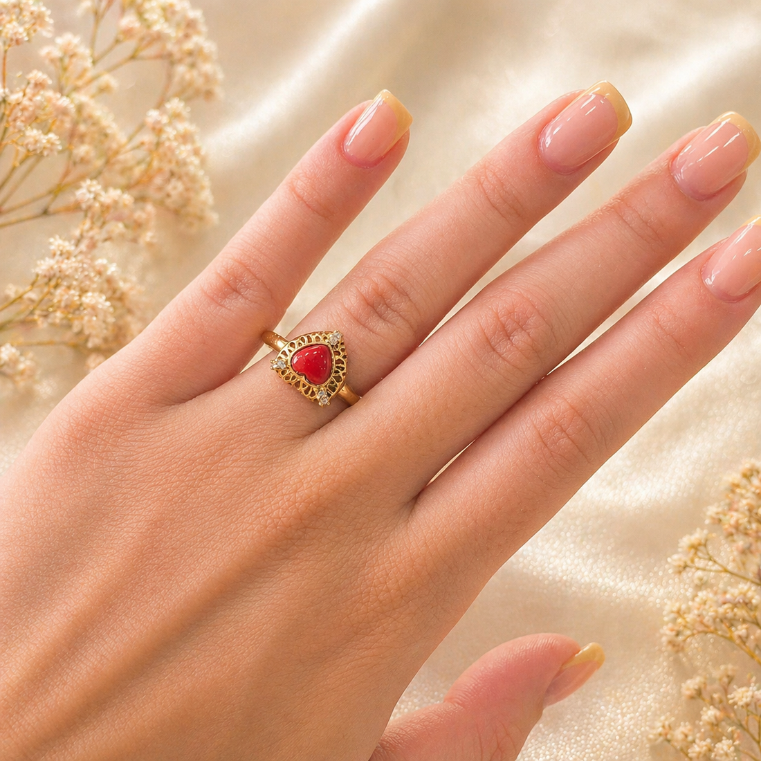 Anello con cuore in corallo rosso naturale del Mediterraneo, Argento 925 regolabile con zirconi bianchi.