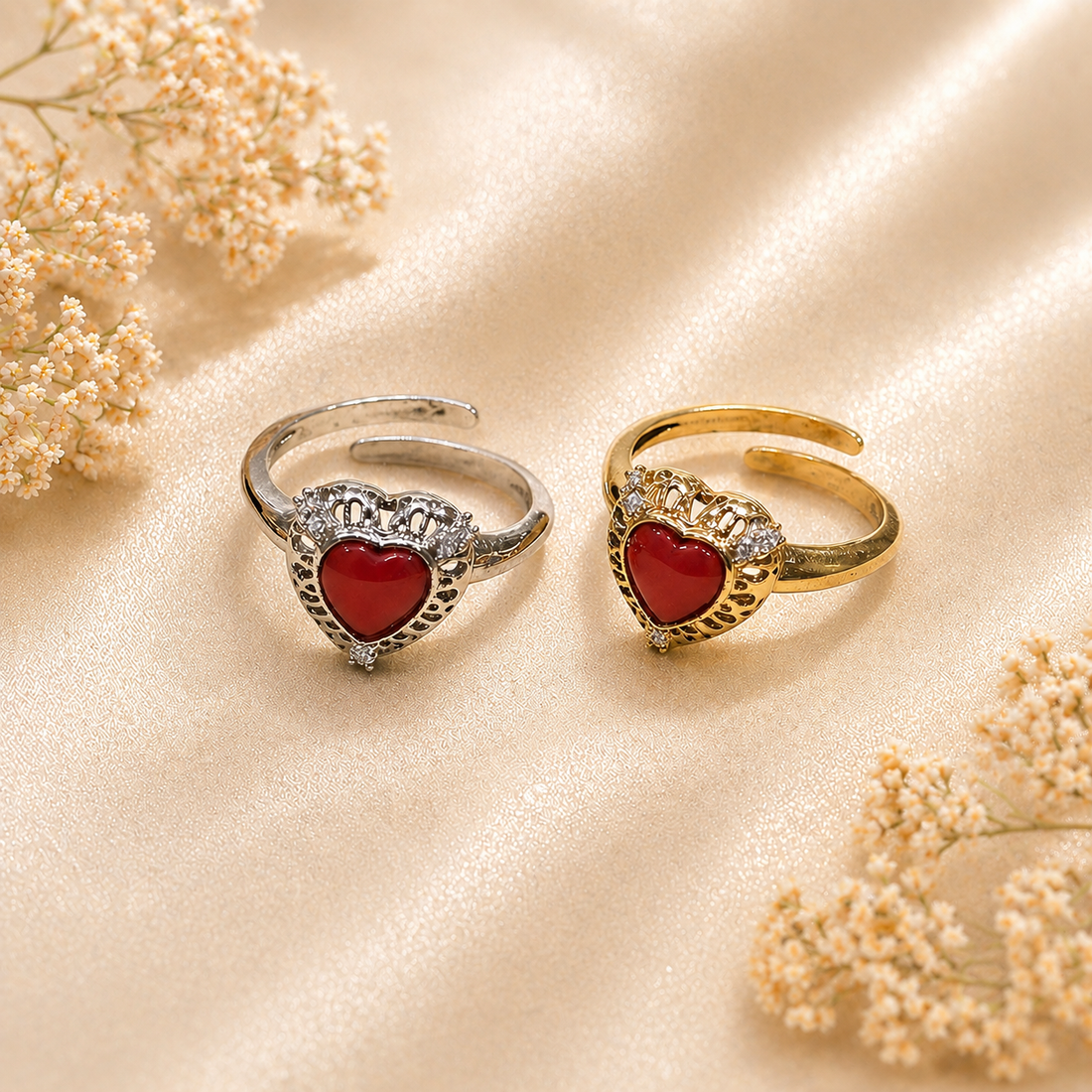 Anello artigianale in Argento 925 regolabile con cuore in corallo rosso naturale del Mediterraneo e zirconi, Made in Italy.