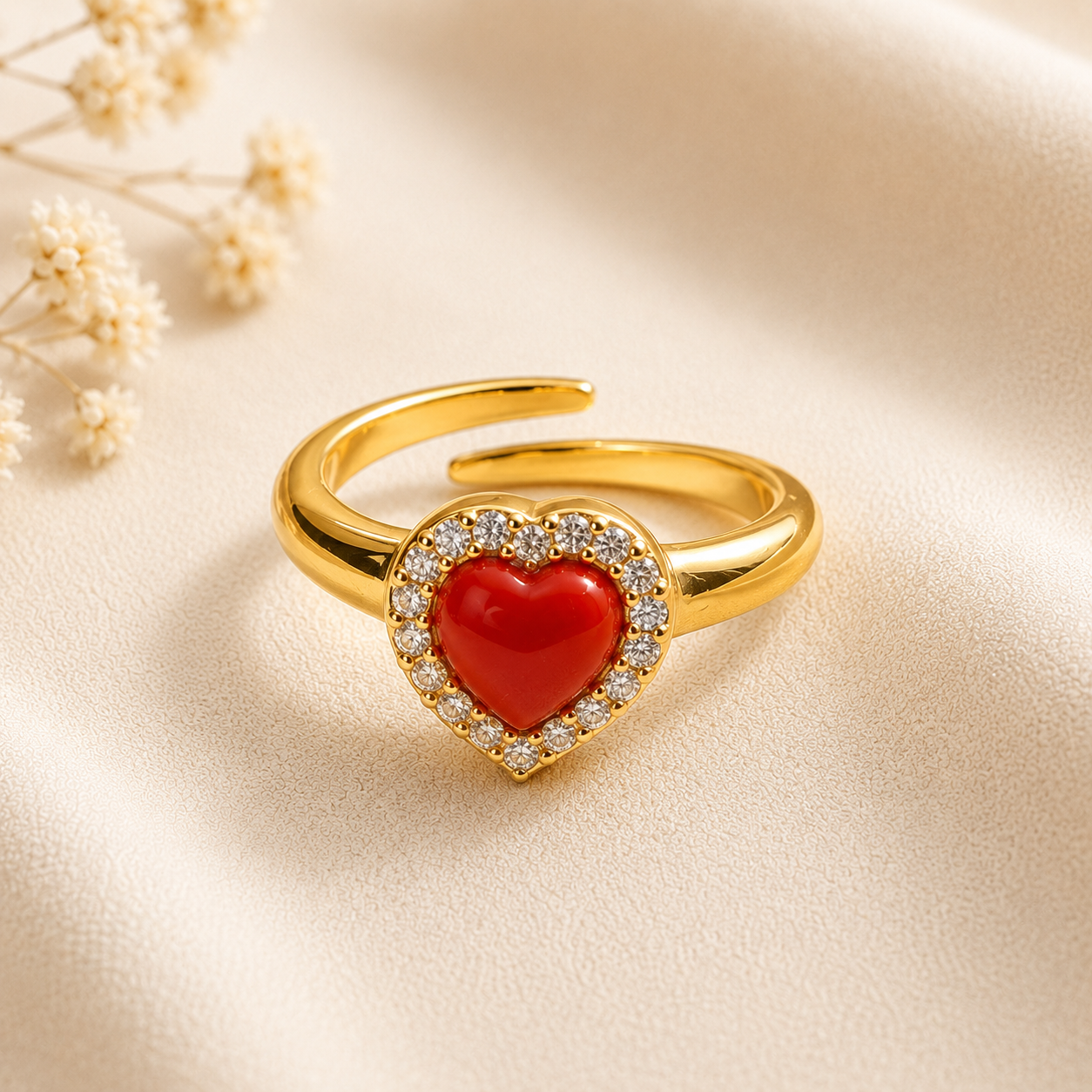 Anello da donna in Argento 925 regolabile con cuore in Corallo Rosso Naturale del Mediterraneo e zirconi bianchi, realizzato artigianalmente in Italia.