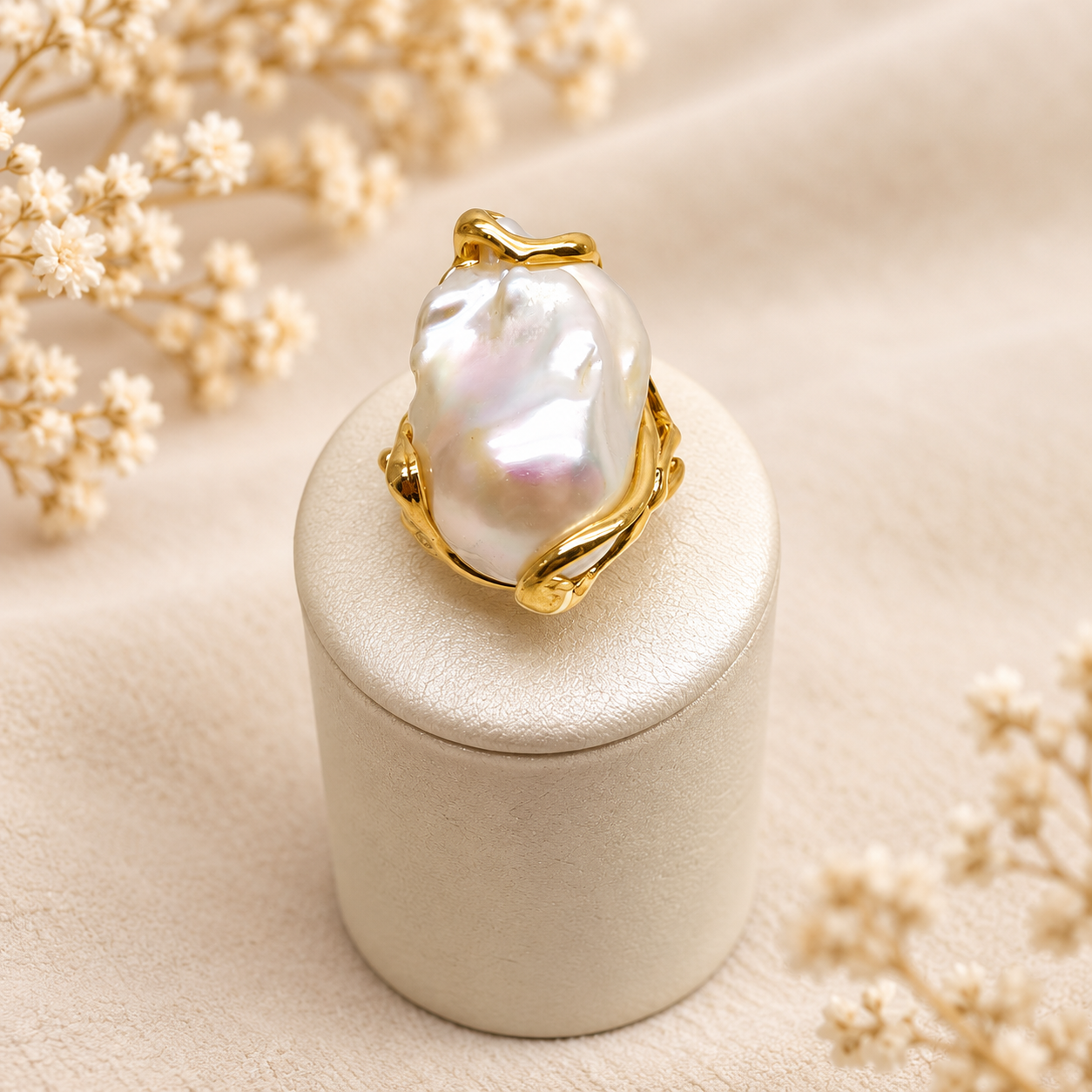 Vista frontale dell’anello artigianale con perla barocca naturale d’acqua dolce e montatura in Argento 925 dorato.