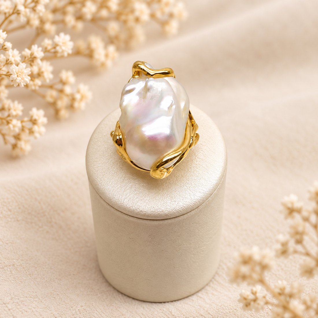 Vista frontale dell’anello artigianale con perla barocca naturale d’acqua dolce e montatura in Argento 925 dorato.