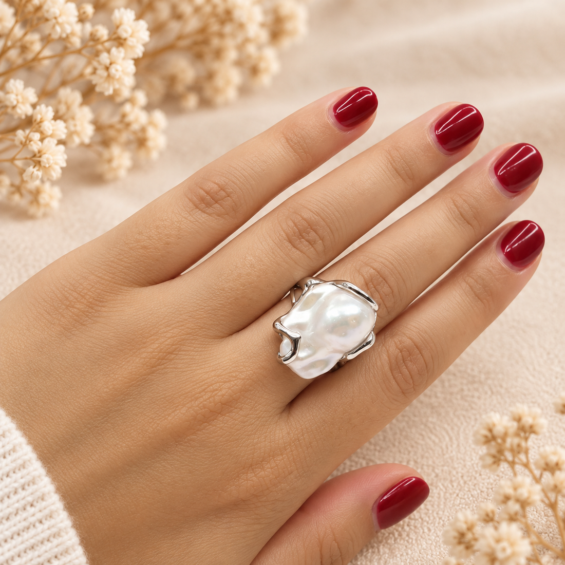 Anello da donna con perla barocca naturale d’acqua dolce e montatura artigianale in Argento 925 rodiato, indossato.