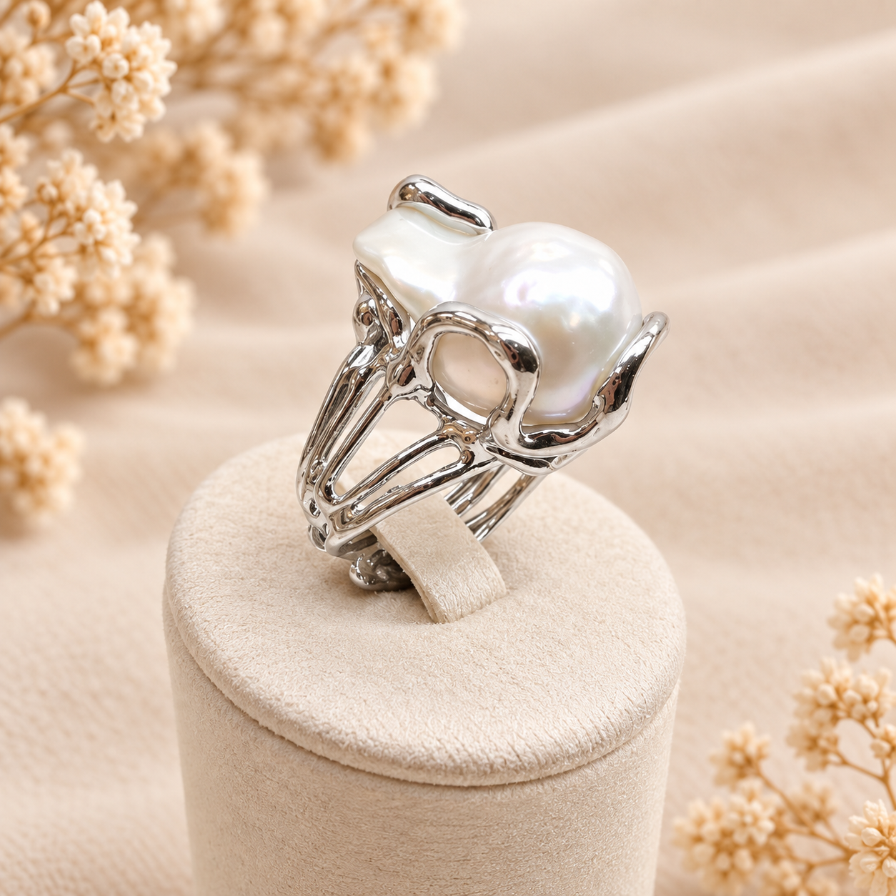 Vista laterale dell’anello in Argento 925 rodiato con perla barocca naturale e montatura dal design organico.
