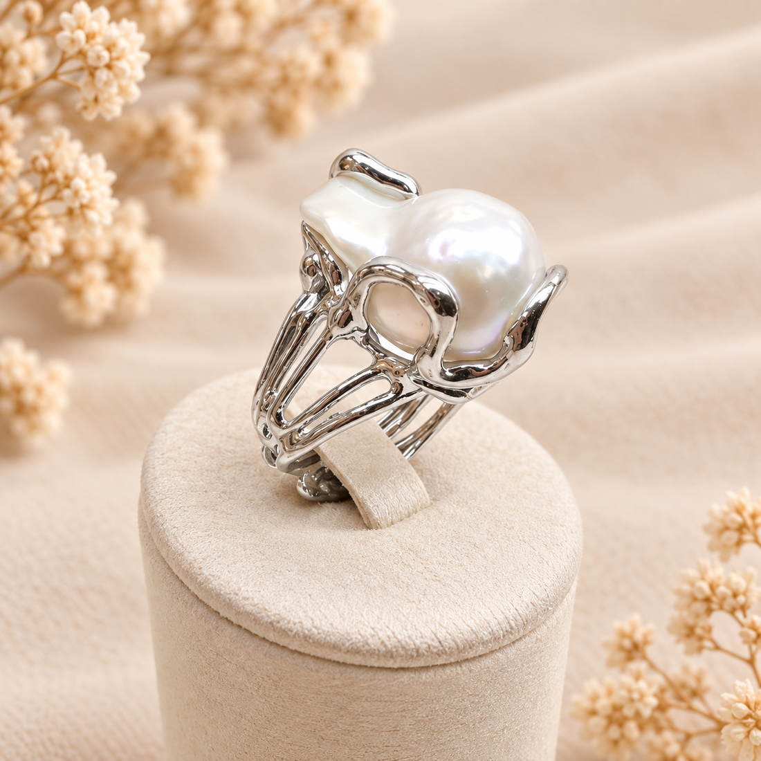 Vista laterale dell’anello in Argento 925 rodiato con perla barocca naturale e montatura dal design organico.