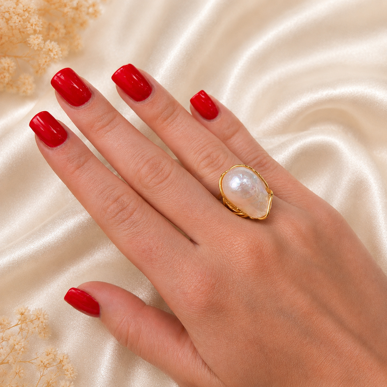Anello in Argento 925 dorato con Perla Barocca Naturale d'Acqua Dolce indossato