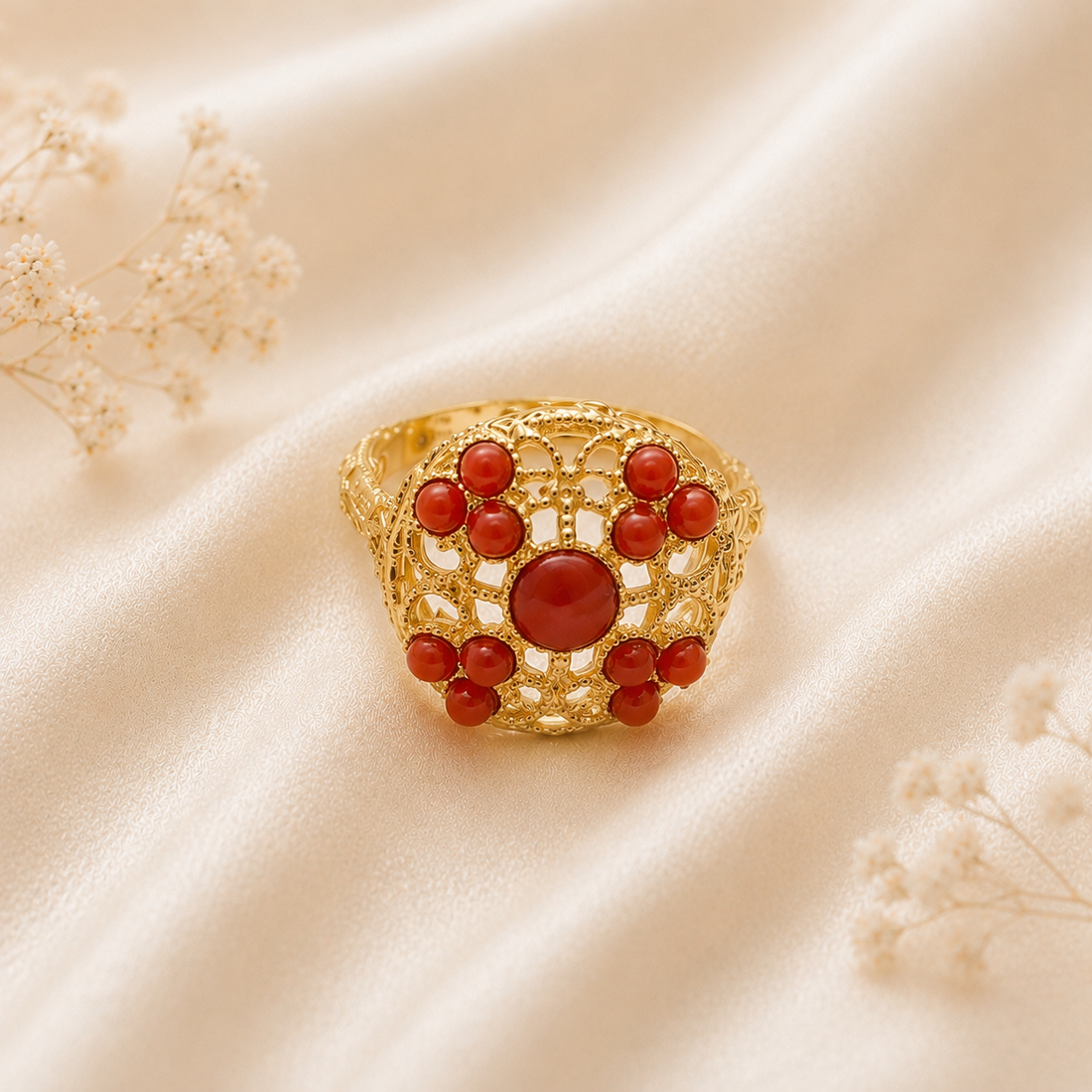 Anello Supreme da donna in Argento 925 regolabile con corallo rosso naturale del Mediterraneo, disponibile nelle finiture rodiata e placcata oro, realizzato artigianalmente in Italia.