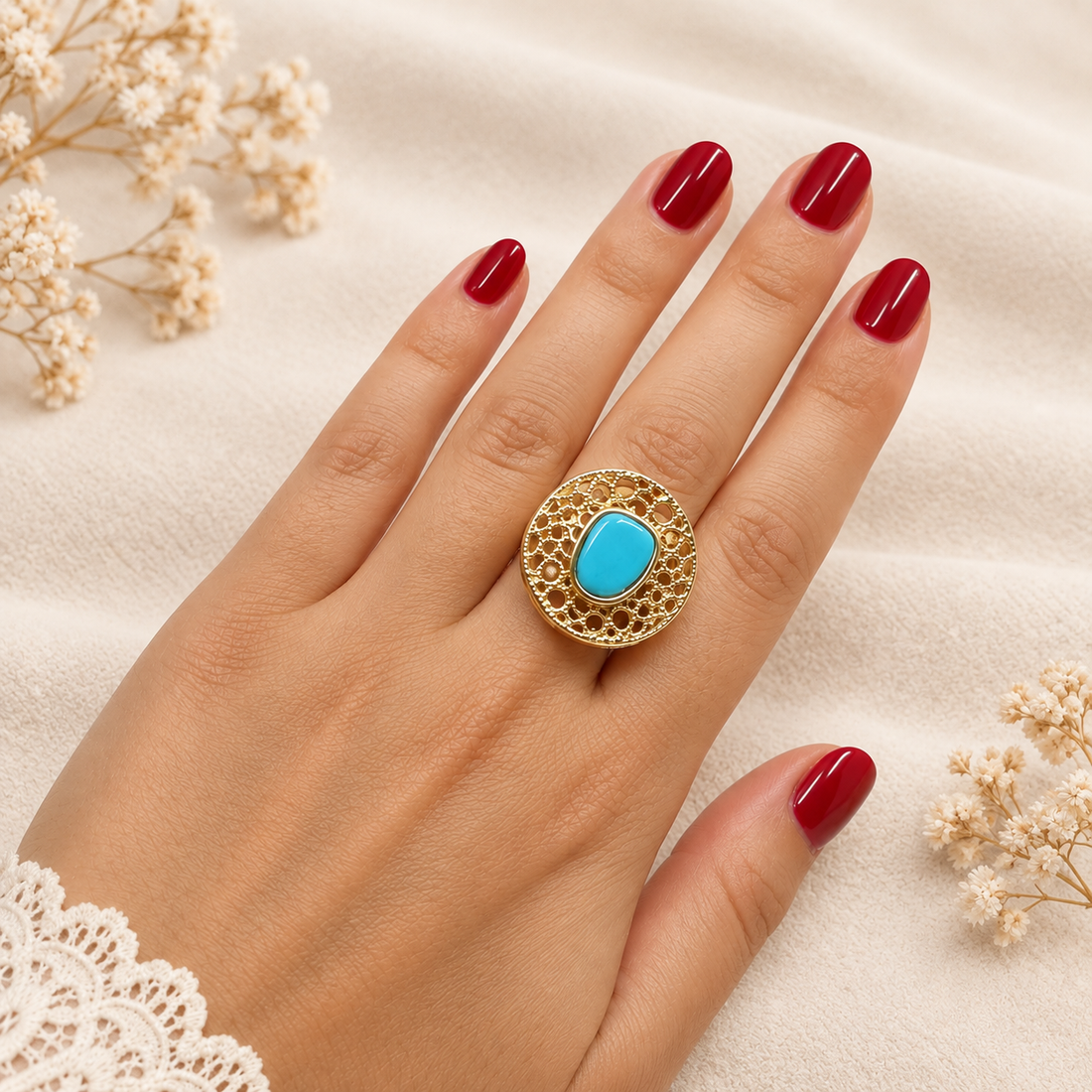 Anello da donna in Argento 925 placcato oro giallo con pietra centrale di turchese naturale azzurro, montatura rotonda traforata con motivi circolari. Madonna Jewels Made in Italy.