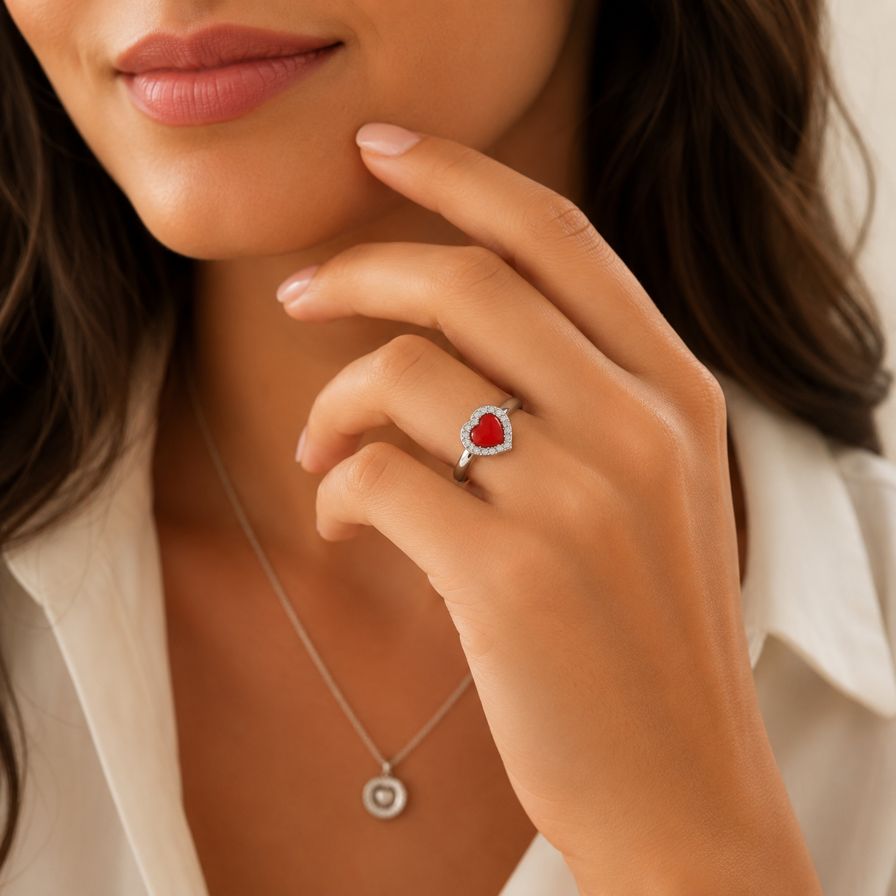 Anello Passion da donna in Argento 925 regolabile con cuore in Corallo Rosso Naturale del Mediterraneo e zirconi bianchi, realizzato artigianalmente in Italia.