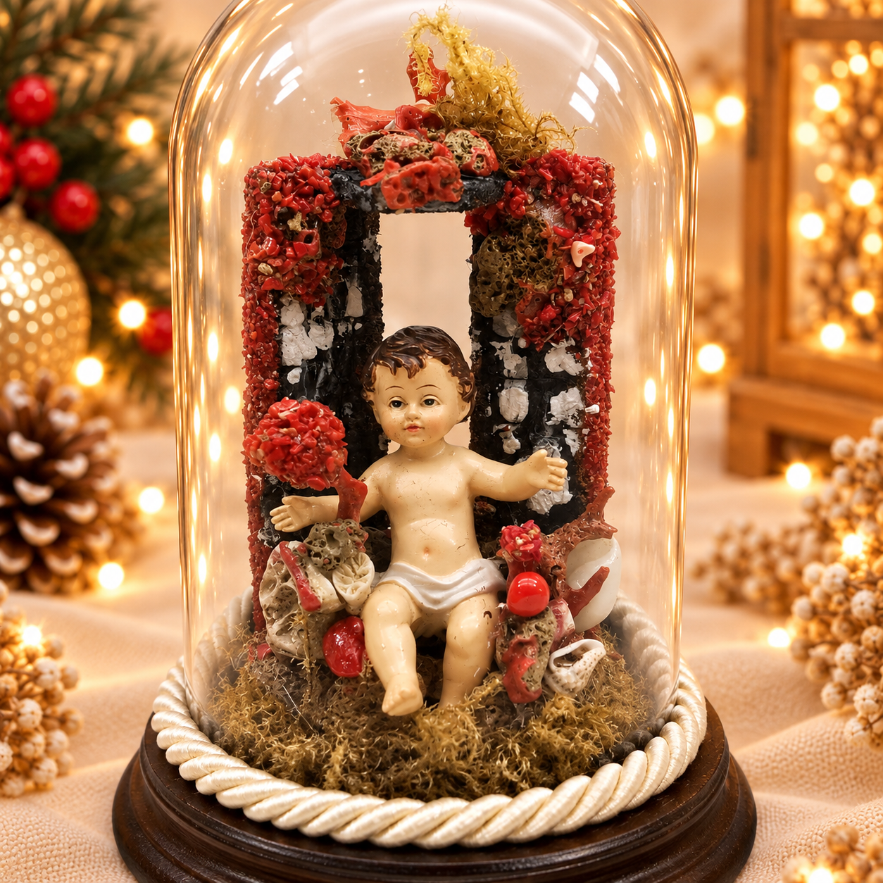 Bambinello Gesù in composizione artigianale con corallo rosso e conchiglie sotto cupola di vetro, decorazione natalizia Madonna Jewels