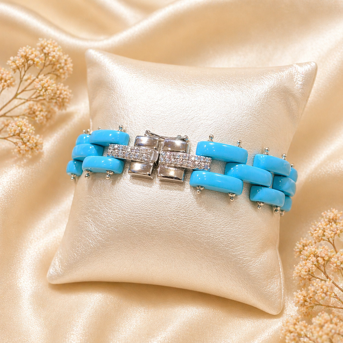 Bracciale in pasta di turchese e Argento 925 rodiato con dettagli zirconati, presentato su cuscino espositore