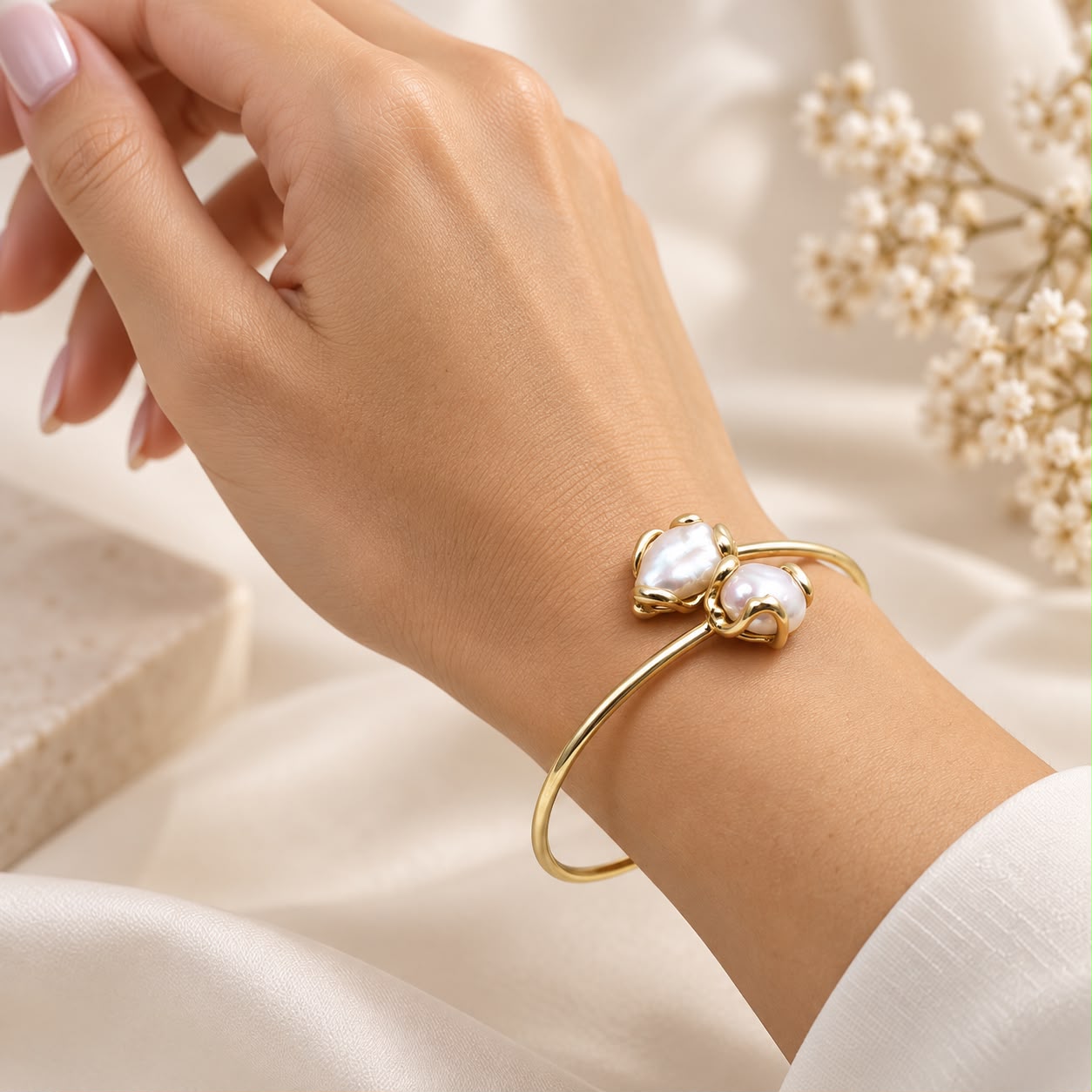 Bracciale contrariè flessibile in argento 925 placcato oro, con due perle barocche naturali d’acqua dolce, indossato al polso.