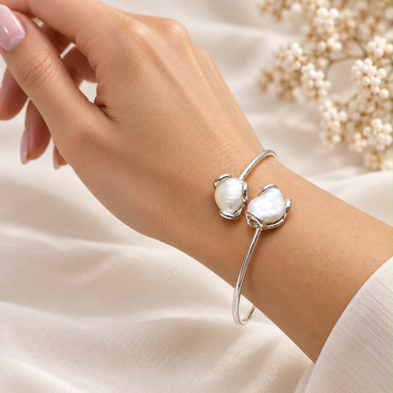 Bracciale contrariè in argento 925 rodiato con doppia perla barocca naturale, indossato su polso femminile.