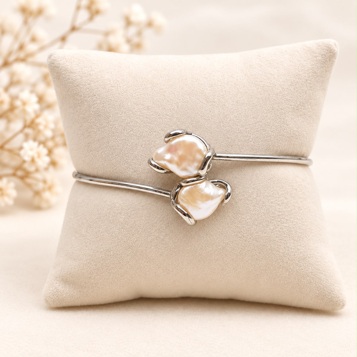 Bracciale rigido flessibile in argento 925 rodiato con due perle barocche, presentato su cuscino espositivo color crema.