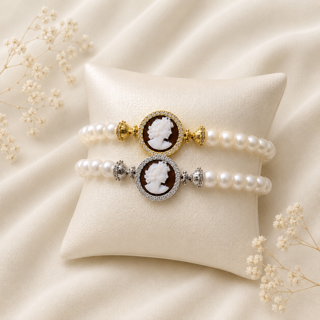 Bracciale Sorrento in Argento 925 con Cammeo Dama, perle naturali da 6 mm e zirconi bianchi disponibile nelle finiture placcata oro e rodiata