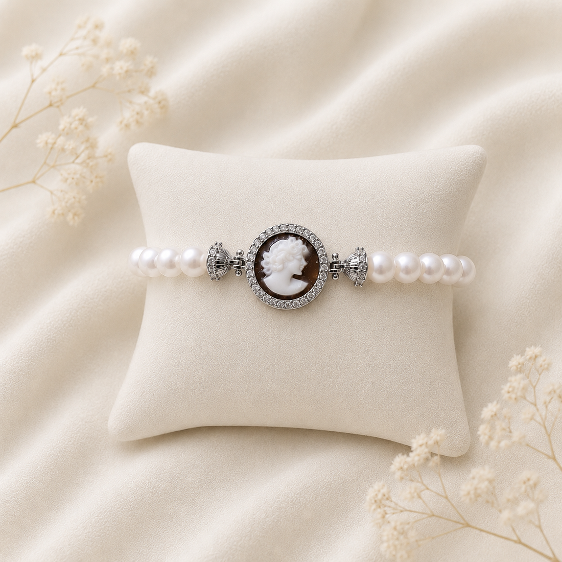 Bracciale Sorrento in Argento 925 rodiato con Cammeo Dama, perle naturali da 6 mm e contorno di zirconi bianchi