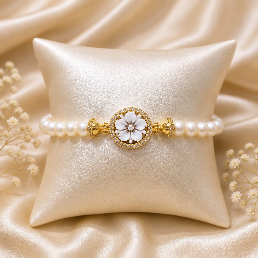 Bracciale Sorrento in Argento 925 placcato oro con cammeo Fiore 5 Petali, perle naturali da 6 mm e contorno di zirconi bianchi