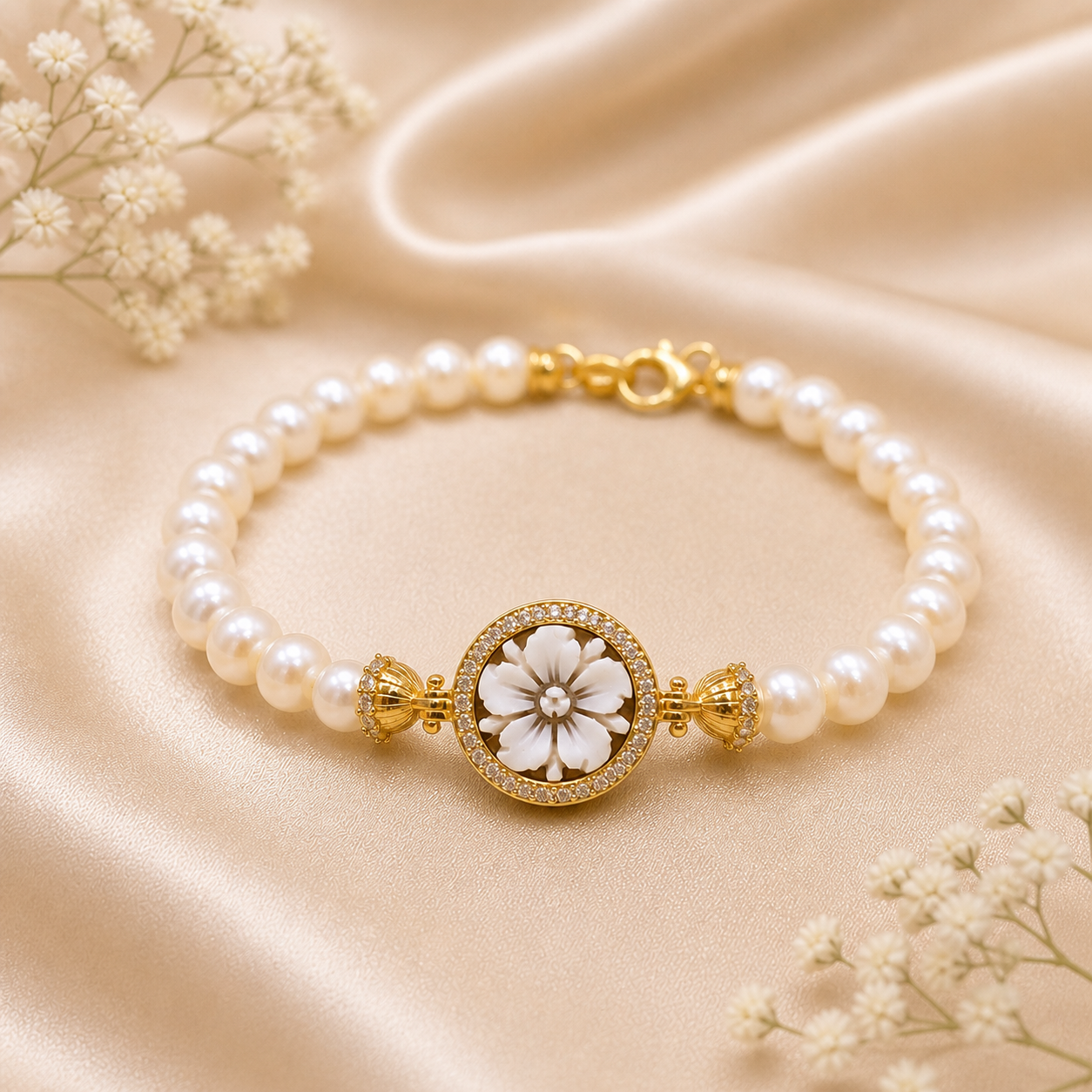 Bracciale Sorrento in Argento 925 placcato oro con cammeo Fiore 5 Petali, perle naturali da 6 mm e contorno di zirconi bianchi