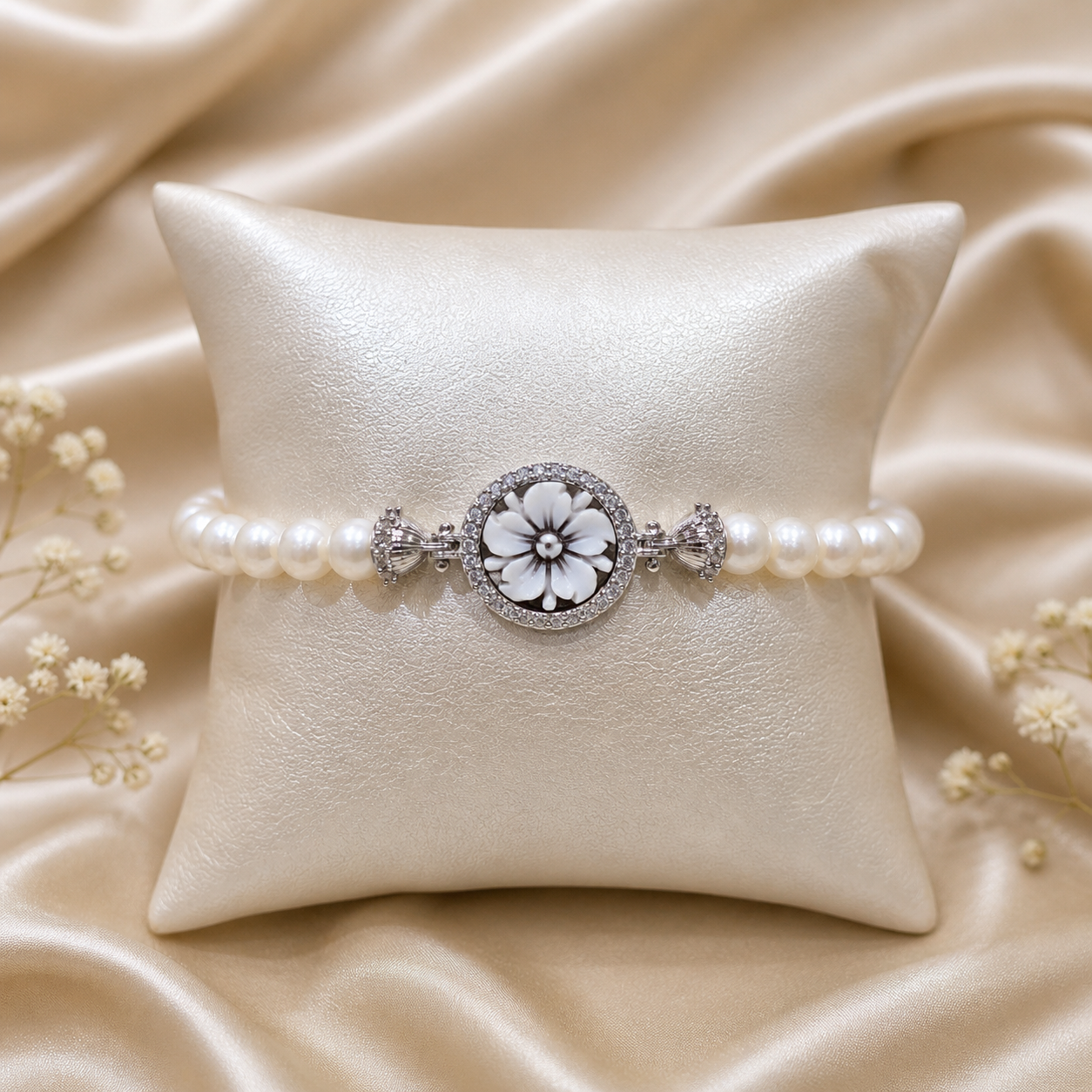 Bracciale Sorrento in Argento 925 rodiato con cammeo Fiore 5 Petali, perle naturali da 6 mm e contorno di zirconi bianchi