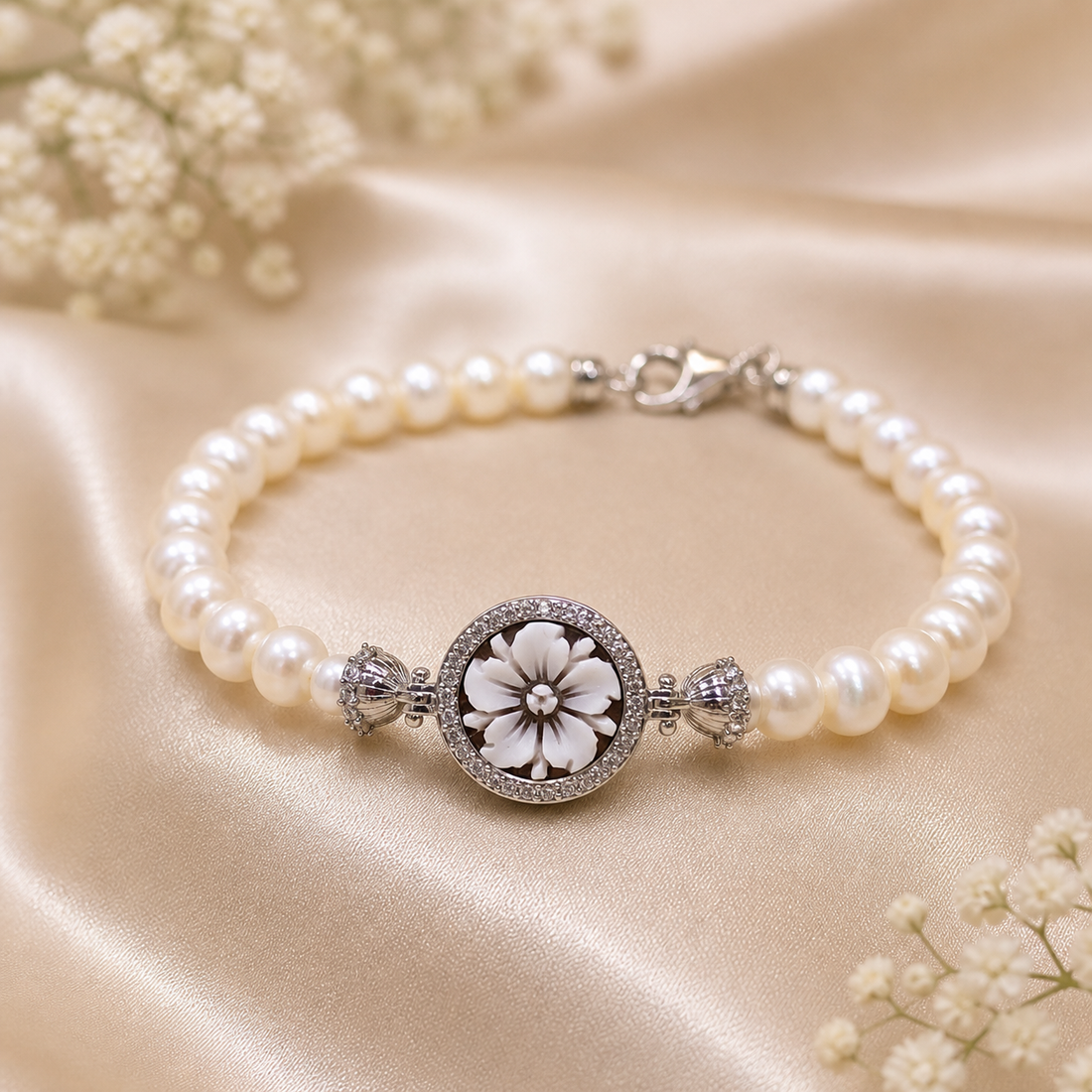 Bracciale Sorrento in Argento 925 rodiato con cammeo Fiore 5 Petali, perle naturali da 6 mm e contorno di zirconi bianchi