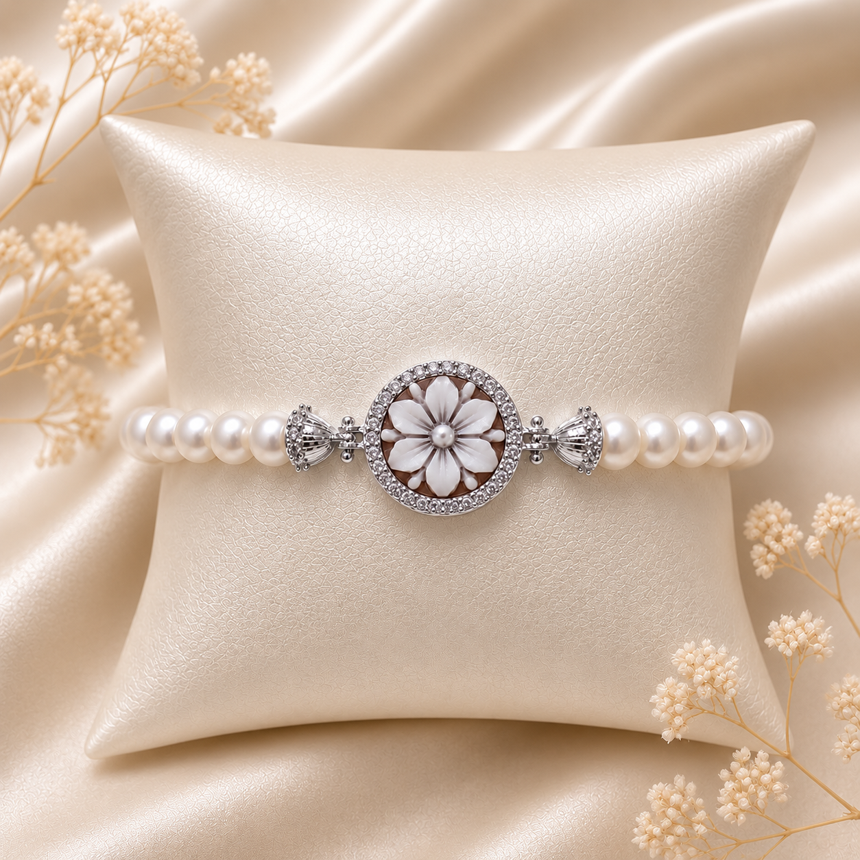 Bracciale Cammeo Fiore 6 Petali e Zirconi con Perle Naturali da 6 mm Modello Sorrento  Disponibile in 2 Finiture