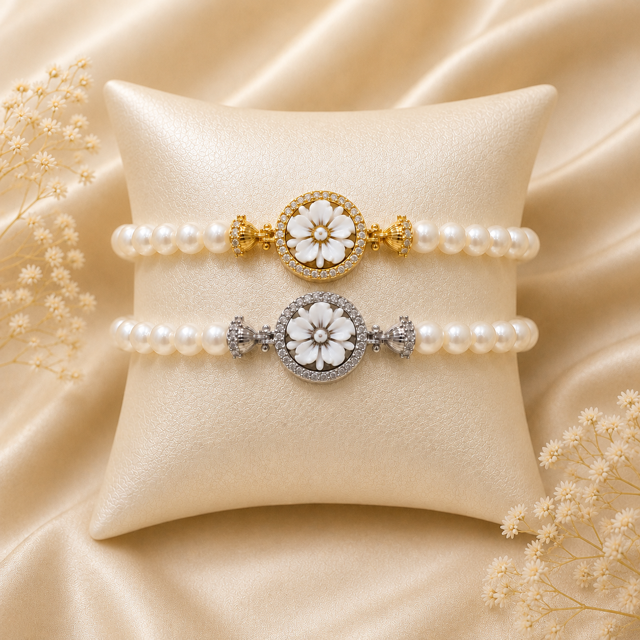 Bracciale Sorrento in Argento 925 con cammeo Fiore 5 Petali, perle naturali da 6 mm e zirconi bianchi, disponibile in finitura placcata oro e rodiata