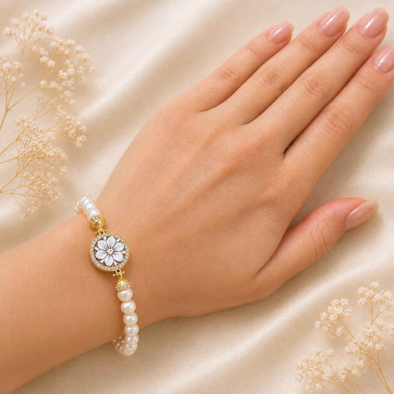 Bracciale Sorrento in Argento 925 gold con cammeo Fiore 6 Petali, perle naturali da 6 mm e zirconi bianchi indossato da donna