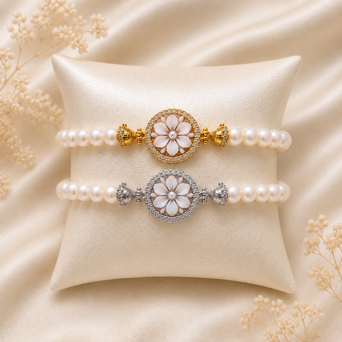 Bracciale Sorrento in Argento 925 con cammeo Fiore 6 Petali, perle naturali da 6 mm e zirconi bianchi disponibile nelle finiture placcata oro e rodiata