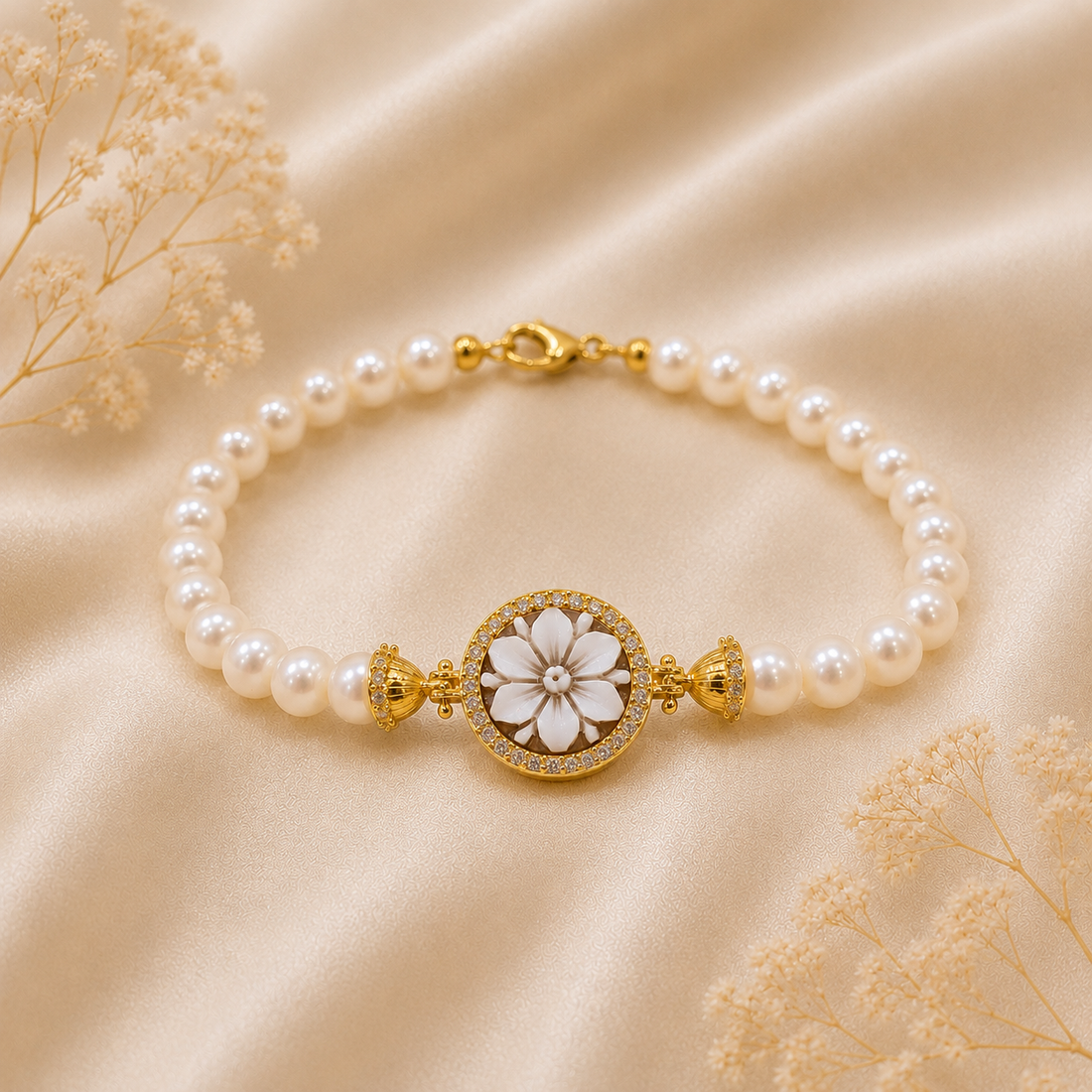 Bracciale Sorrento in Argento 925 placcato oro con cammeo Fiore 6 Petali, perle naturali da 6 mm e contorno di zirconi bianchi