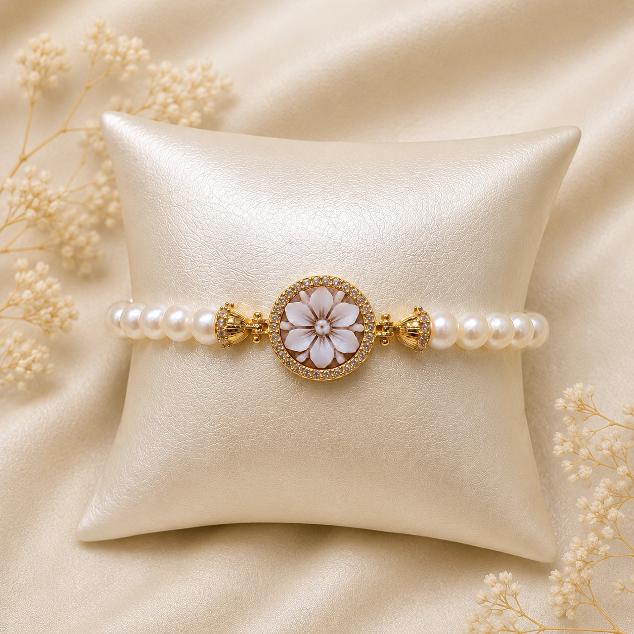 Bracciale Cammeo Fiore 6 Petali e Zirconi con Perle Naturali da 6 mm Modello Sorrento  Disponibile in 2 Finiture