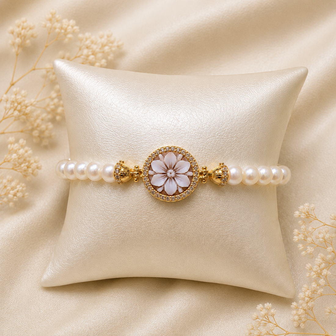 Bracciale Cammeo Fiore 6 Petali e Zirconi con Perle Naturali da 6 mm Modello Sorrento  Disponibile in 2 Finiture