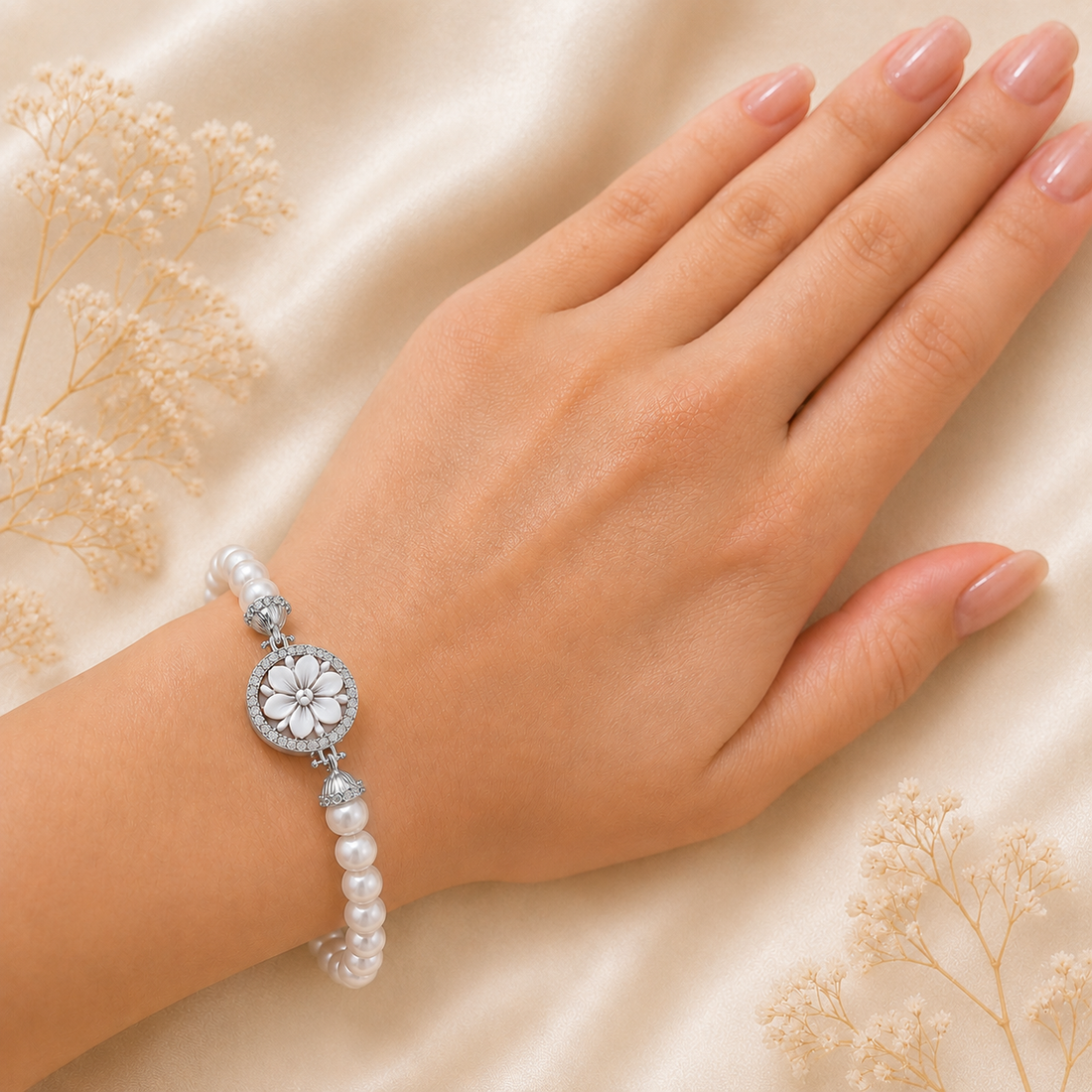 Bracciale Sorrento in Argento 925 rodiato con cammeo Fiore  Petali, perle naturali da 6 mm e zirconi bianchi indossato da donna