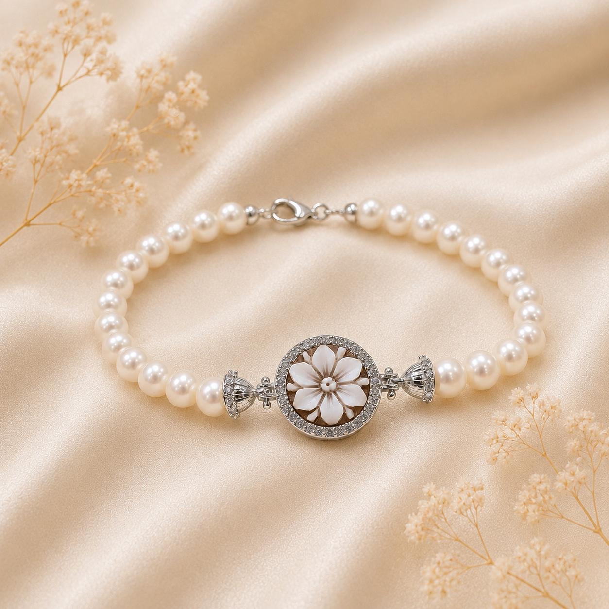 Bracciale Sorrento in Argento 925 rodiato con cammeo Fiore 6 Petali, perle naturali da 6 mm e zirconi bianchi indossato da donna