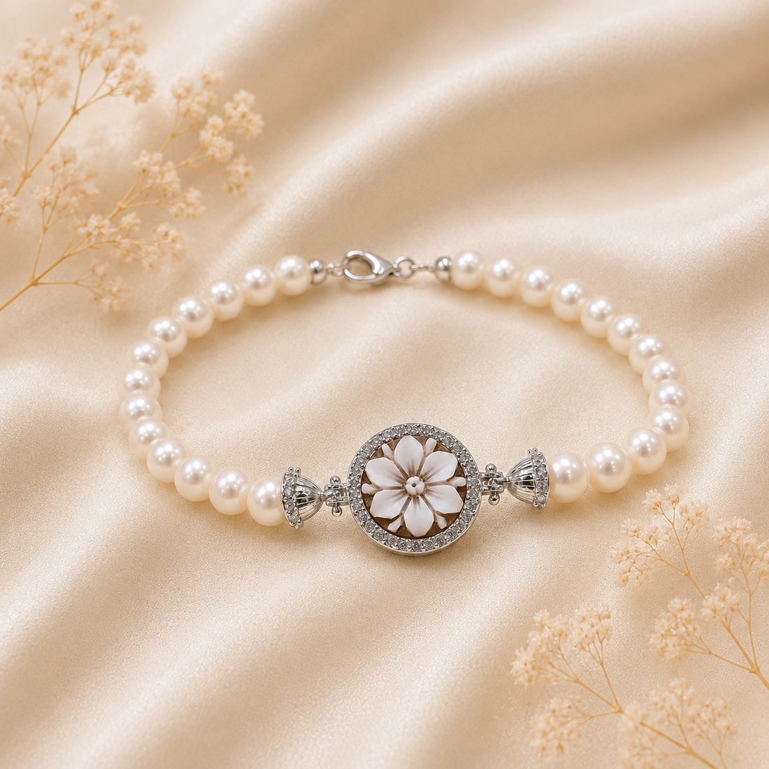 Bracciale Sorrento in Argento 925 rodiato con cammeo Fiore 6 Petali, perle naturali da 6 mm e zirconi bianchi indossato da donna